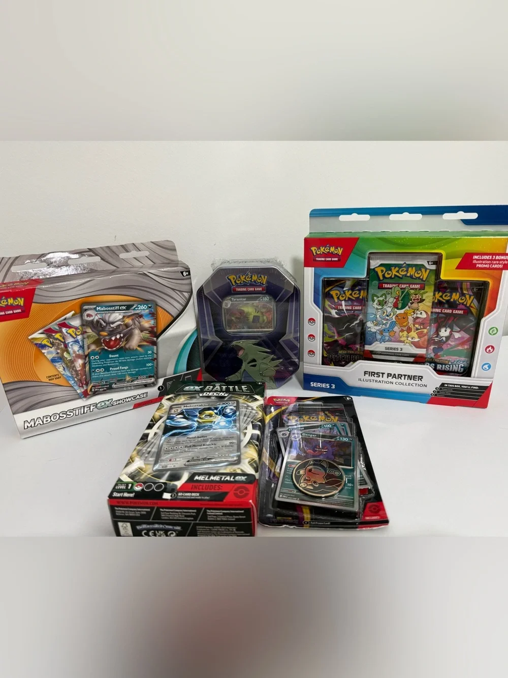 Pokemon Bundle of 5! Tyranitar tin, First Partner S3, Mabostiff ex, ex battledck